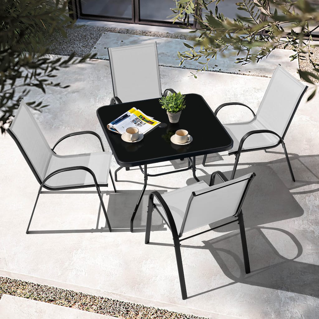 5-Piece Outdoor Dining Set, Textilene Stackable Chairs ang Square Table with Umbrella Hole