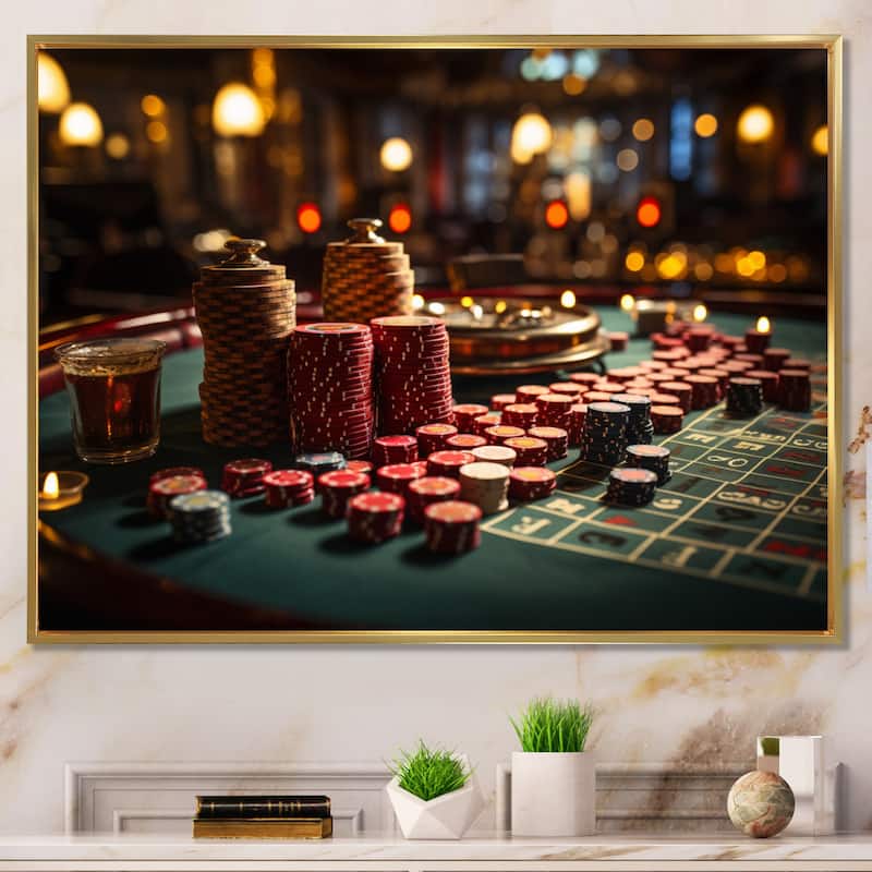 Designart "Casino Royale Blackjack I" Casino & Games Framed Wall Art Living Room - Gold - 32 in. wide x 24 in. high