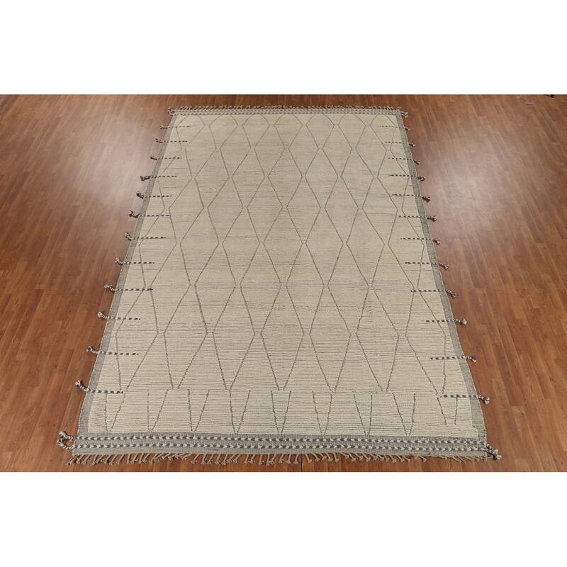All-Over Trellis Ivory Moroccan Rug Hand-Knotted Wool Carpet - 8'8"x 12'11"