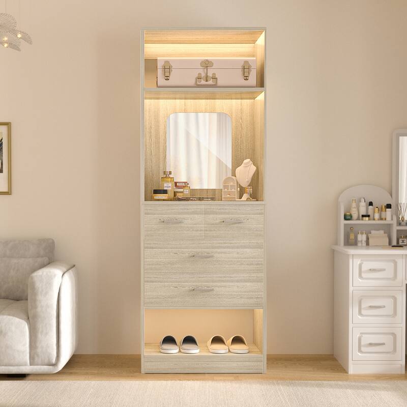 Cimly 25''W Closet Organizer with Mirror and Drawers, Freestanding Closet System for Walk-in/ Reach-in Closet - Set of 1 - Washed Oak