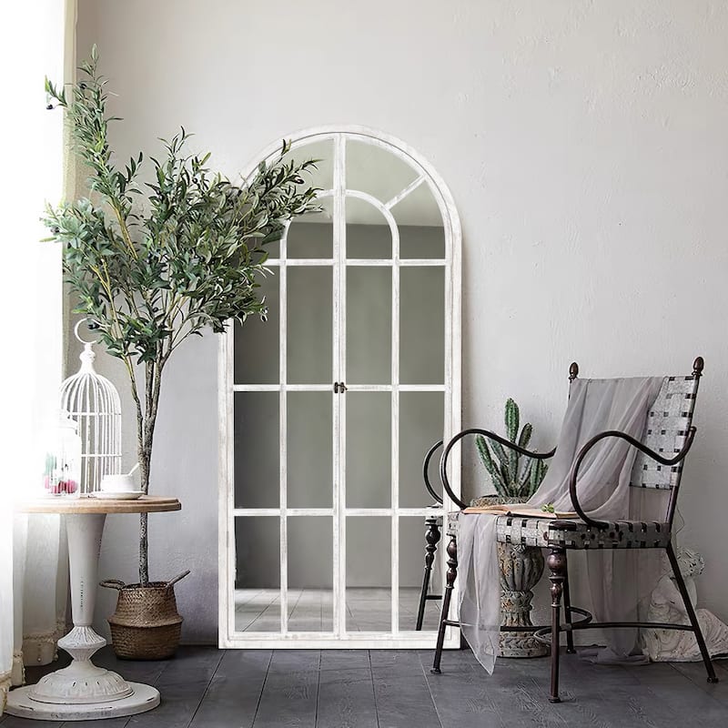 Wood Arched Window 2-door Wall Mirror