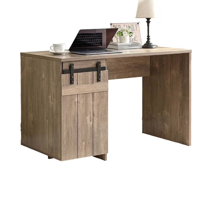 Fior Home Writing Desk, 47 Inch, Hazelnut Brown Wood, Faux Barn Door
