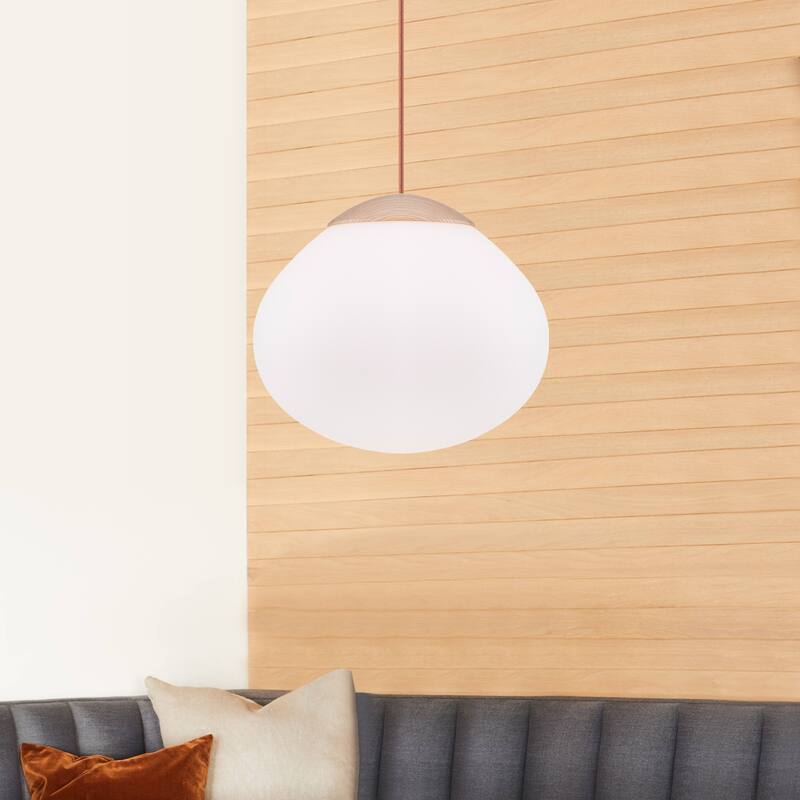 Modern Wood Pendant Light with White Glass Shade Kitchen Fixture - Dia.12.5-in - Dia.12.5-in