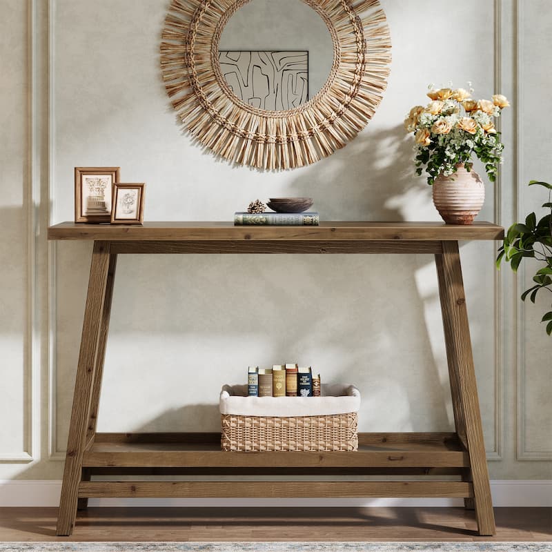 Solid Wood Console Table, 2-Shelf Entryway Table with Storage, Behind Couch Sofa Table Hallway Foyer Accent Table