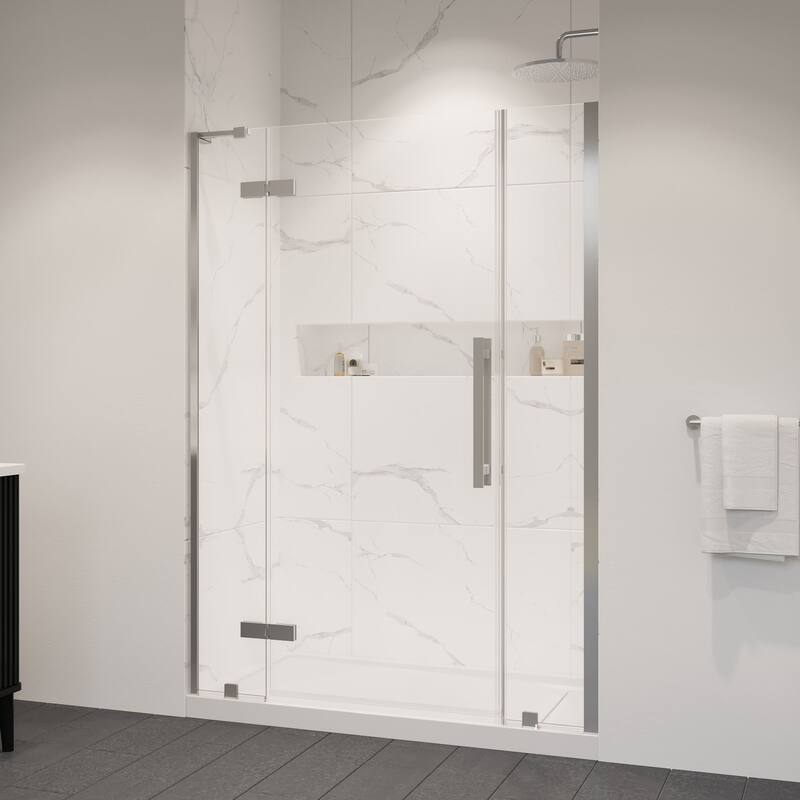 OVE Tampa Alcove Frameless Pivot Hinge Shower Door Kit with Base Pan, 2025 - Satin Nickel - 54"x32"