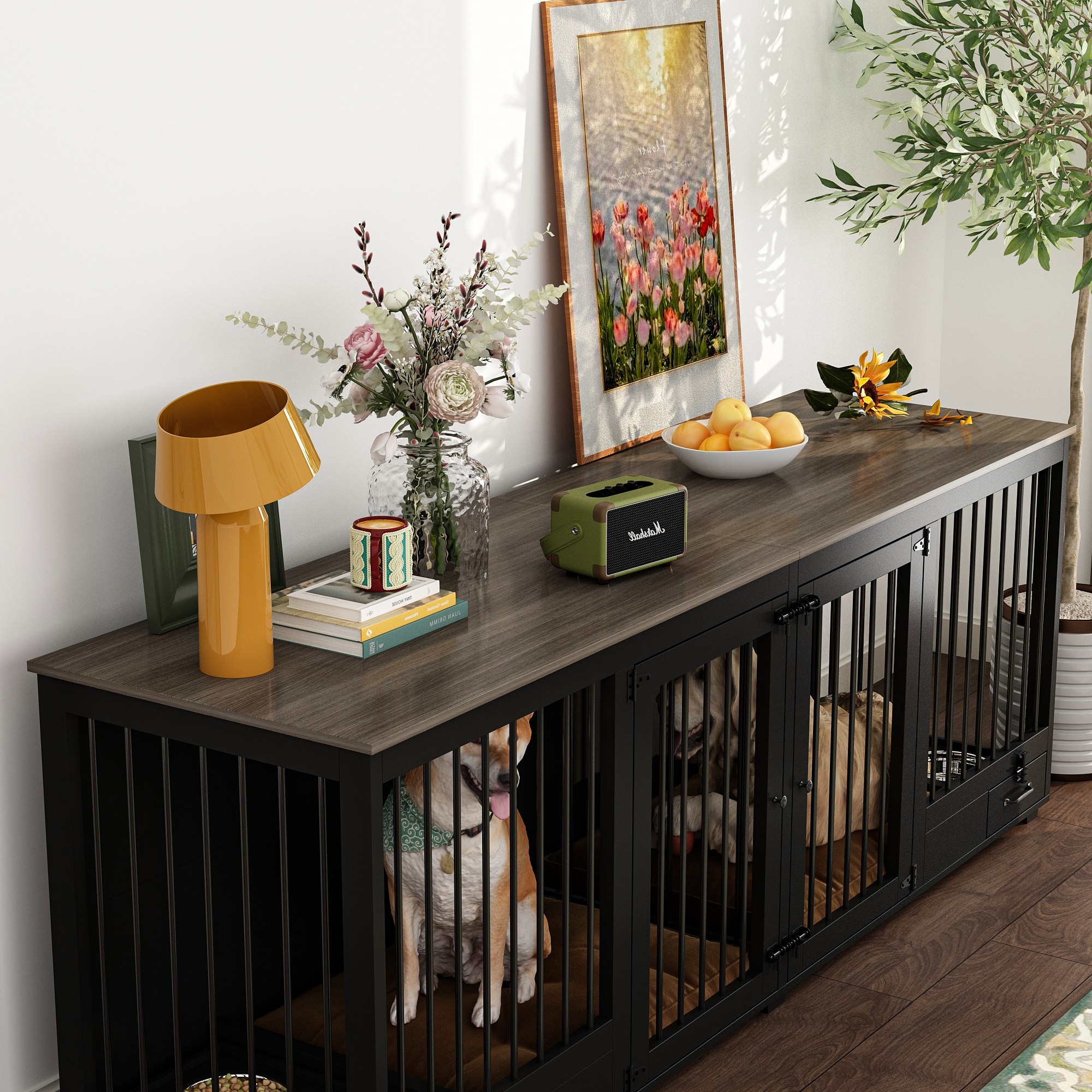 Dog Kennel with Bowls Drawers Divider Dog Crate for 1 Dog or 2 Dogs