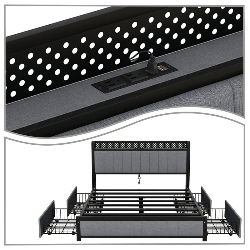 Contemporary Multifunctional Queen Size Linen Fabric Upholstered Platform Bed