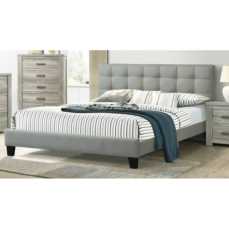 Queen Size Platform Bed with Tufted Upholstered Headboard, Light Gray Polyfiber, Modern Design