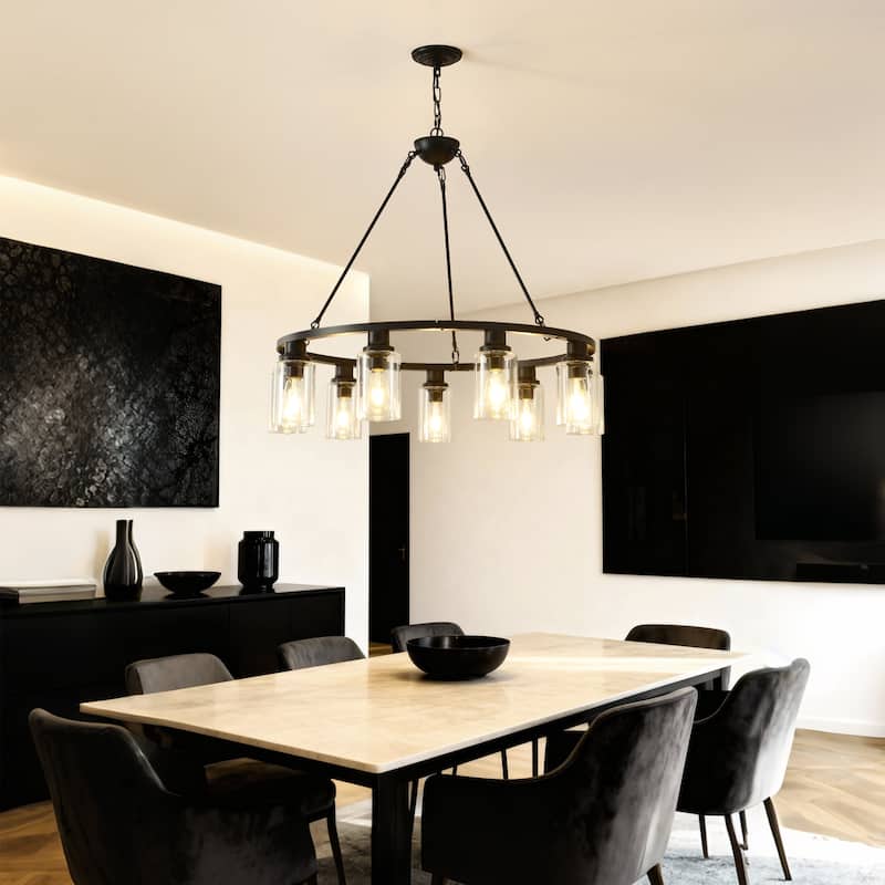 9-Light Black Wagon Wheel Chandelier With Light (No Bulbs) For Living Room Dining Room Kitchen--E26