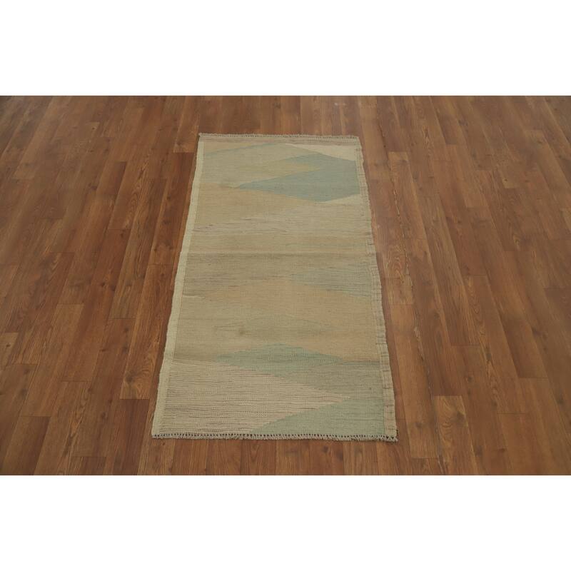 Hand Woven Oriental 100% Wool Carpet Southwestern Modern Beige & Ivories Kilim Area Rug - 3' 10'' X 2' 0''