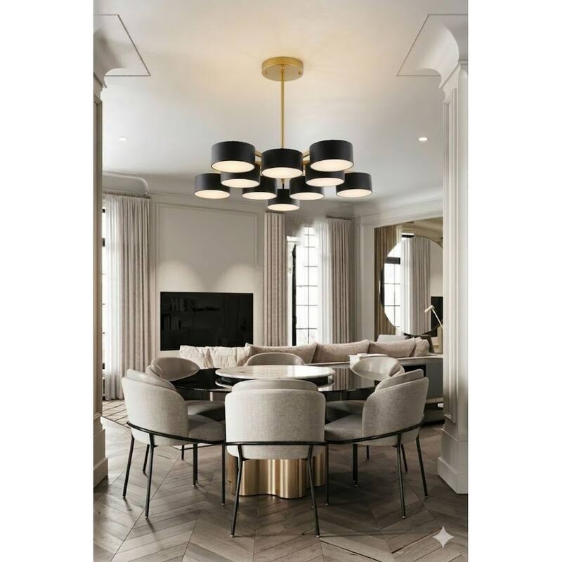 10 Light Gold Iron Frame Flush Mount With Black Shades