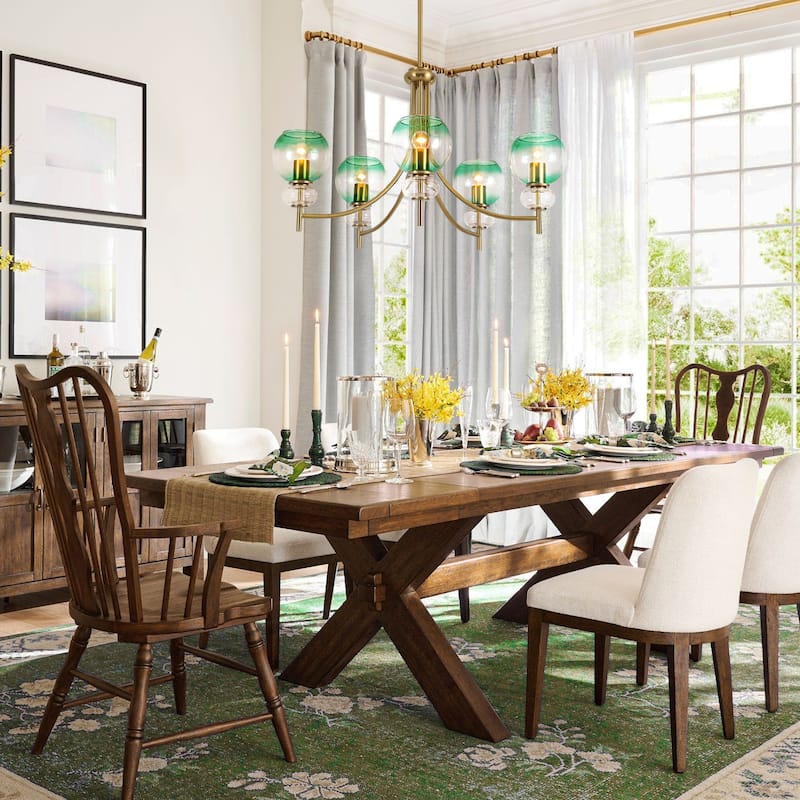 5-Light Mid-Century Modern Luxury Green Sputnik with Open/Bubble Glass Globe Shades Chandelier for Dining Room, Living Room