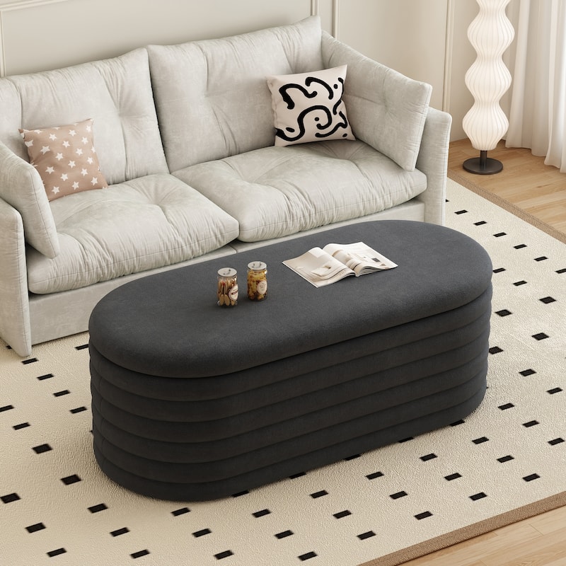 Storage Chenille Ottoman Bench Upholstered Fabric Storage Bench End Of Bed Stool With Safety Hinge - Black