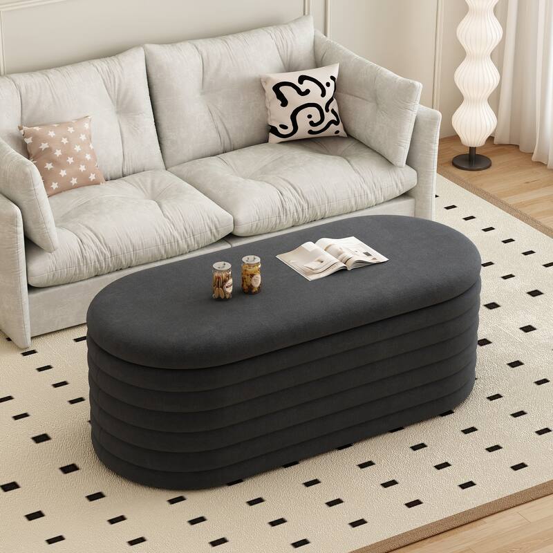 Storage Chenille Ottoman Bench Upholstered Fabric Storage Bench End of Bed Stool with Safety Hinge for Bedroom, Living Room - Black