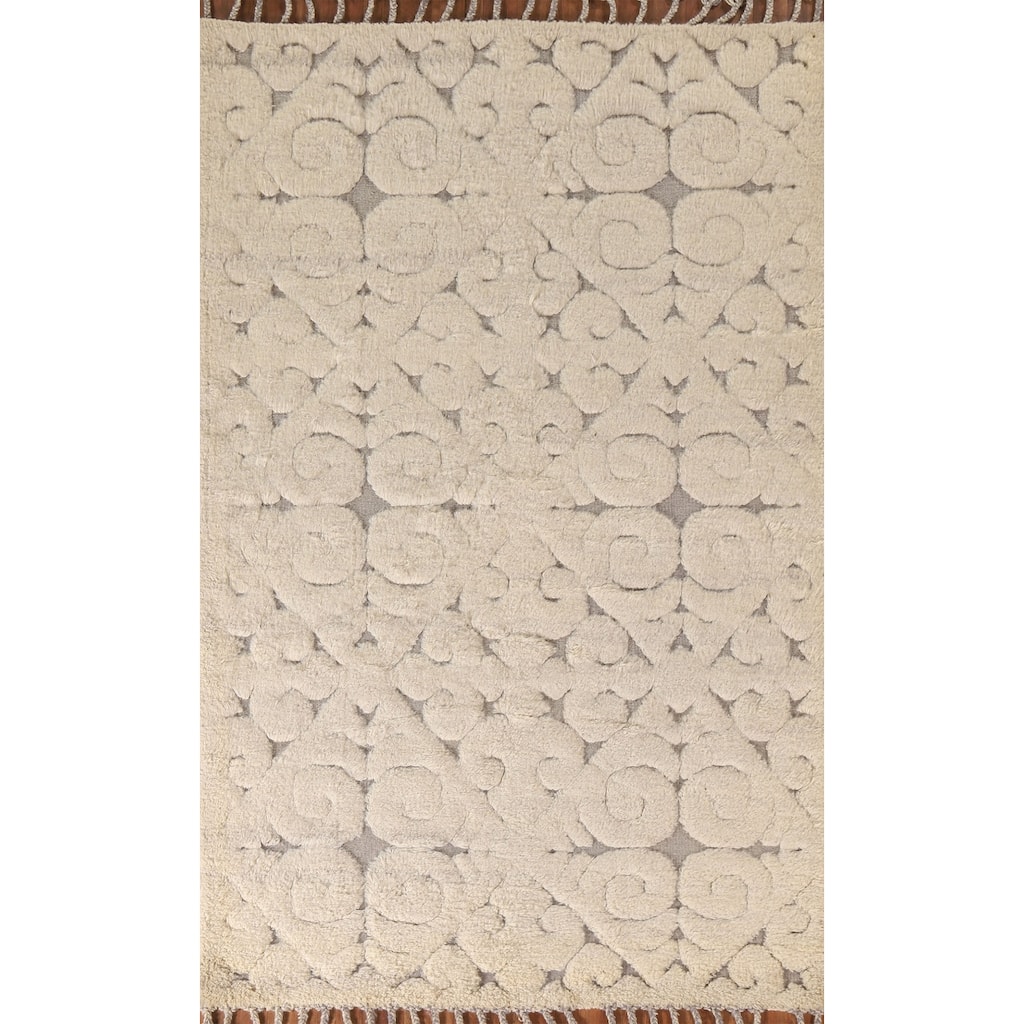 Beige Moroccan Style Area Rug Hand-Knotted Wool Carpet - 5'1"x 8'2"