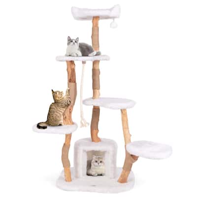 Costway 66" Tall Solid Wood Cat Tree with Perch Condo Jute Scratching - See Details