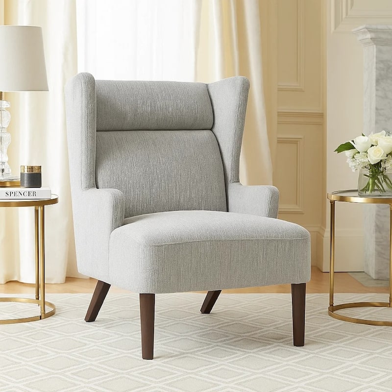 Joen Accent Chair, High Wing Backrest, Gray Chenille, Wood Legs