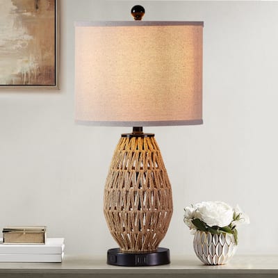 Brown Rattan Woven Table Lamp with 3-way Touch Dimming Switch USB Charging Ports and AC Outlet