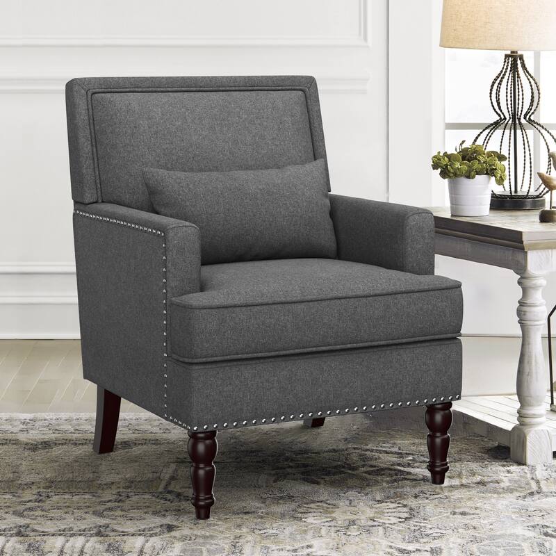 Modern Fabric Accent Chair with Upholstered Armrest Wooden Legs and Pillow for Living Room - Carbon Gray - Single