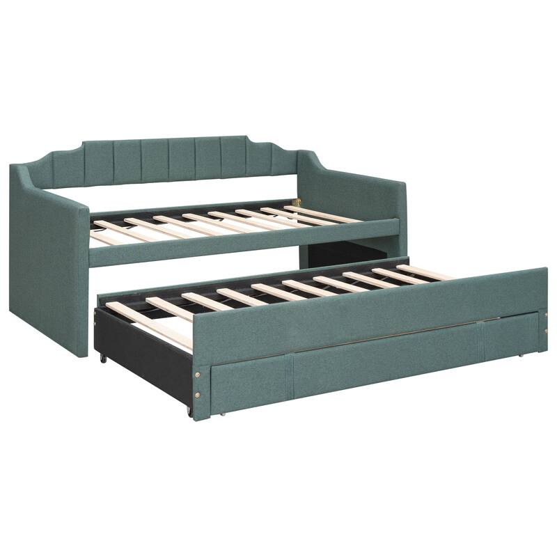 Twin Upholstered Daybed with Trundle and 3 Drawers, Solid Wood Sofa Bed Frame, No Need for Box Spring