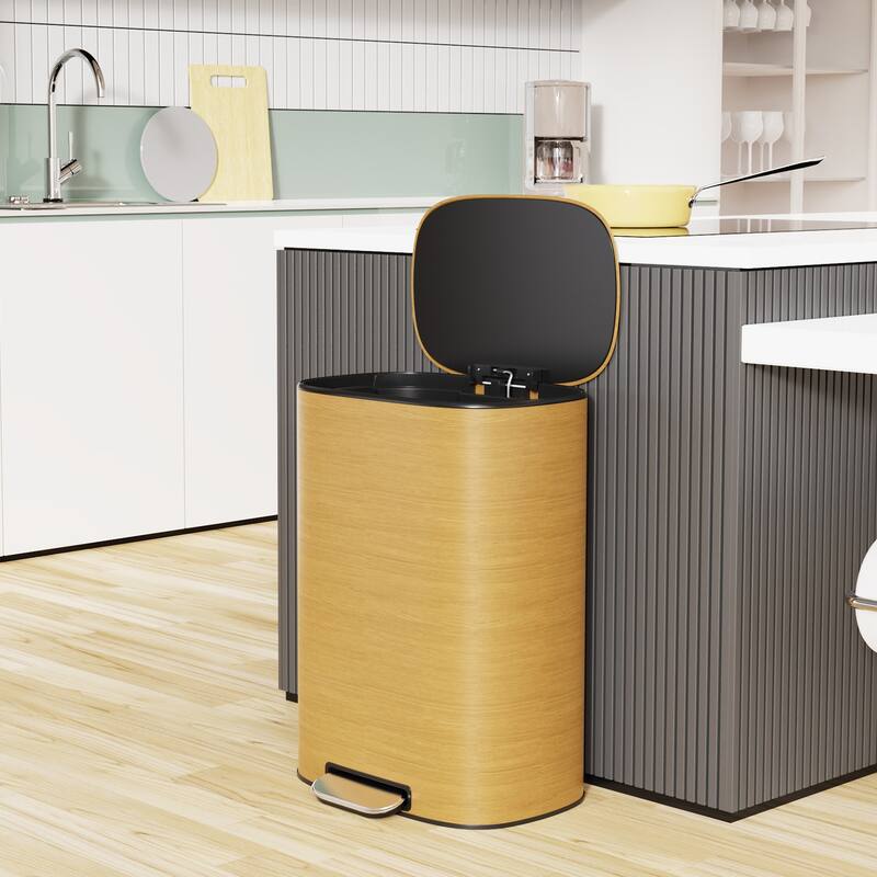 13 Gallon 50L Kitchen Foot Pedal Operated Soft Close Trash Can - Stainless Steel Ellipse Bustbin - Wood