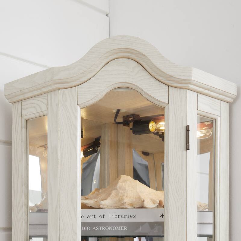 Lighted Corner Curio Cabinet, Freestanding Glass Display Cabinet, Wooden China Cabinet with Tempered Glass Doors & Shelves