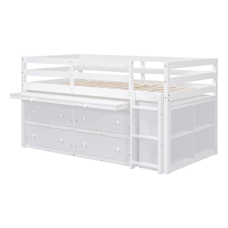 Solid Wood Loft Bed with Retractable Desk and Drawers