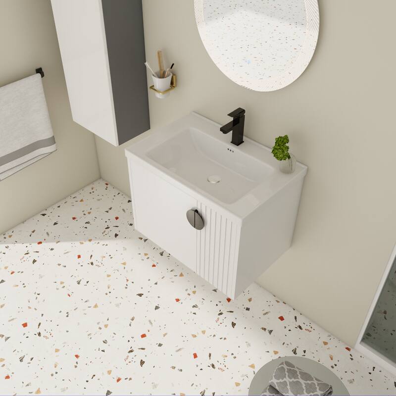 Wall-Mounted Bathroom Vanity with Ceramic Sink, Soft-Close Doors, Unique 3D Wave Design, and Metal Handles - 27.75in L Plywood