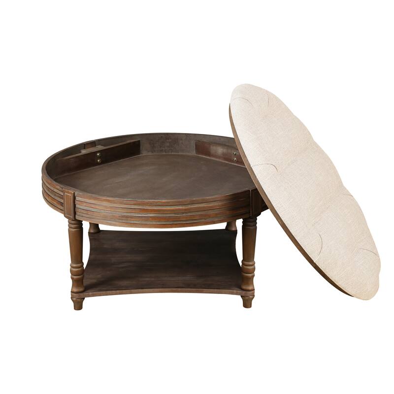 Large Round WaterProof Ottoman Coffee Table with Wooden Shelf Storage