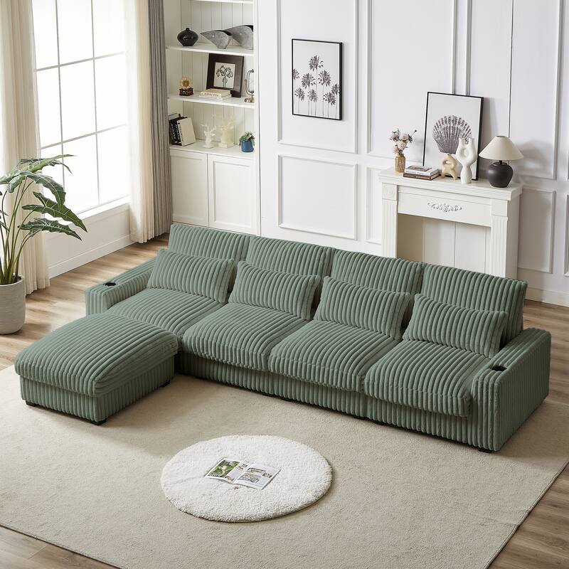 Roomfitters 126" Corduroy Modular Sectional Sofa, Convertible 3-4 Seater Couch with Cup Holders, Ottoman, Pillows & USB Ports - Green