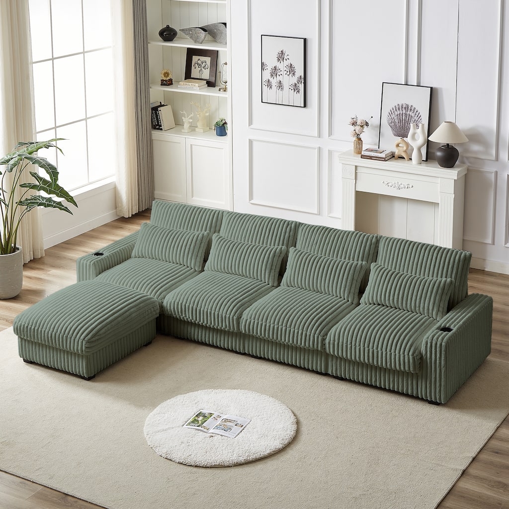 Super Large 126-Inch Corduroy L-Shaped Sofa with Cup Holders, USB Port, Movable Footrest, and 8 Cushions.