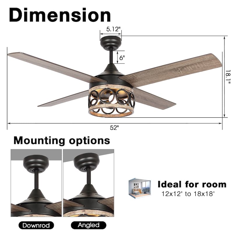 52" Black Reversible Downrod Ceiling Fan with Light Kit and Remote