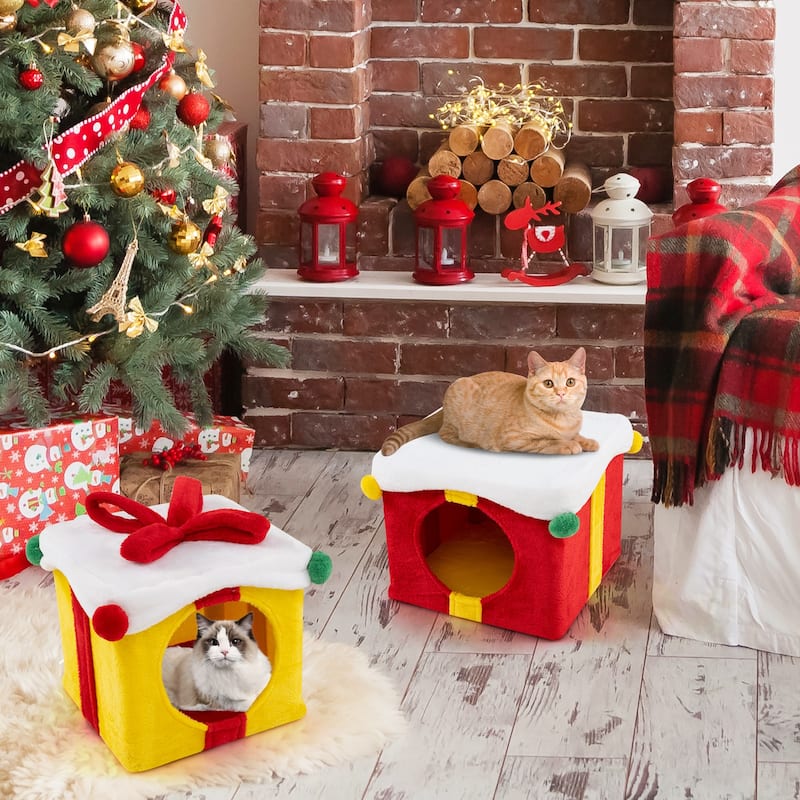 Cute Christmas Cat House 2 Gift Box with Bow, Perfect Holiday Cat Bed - 15.5" x 15.5" x 13"