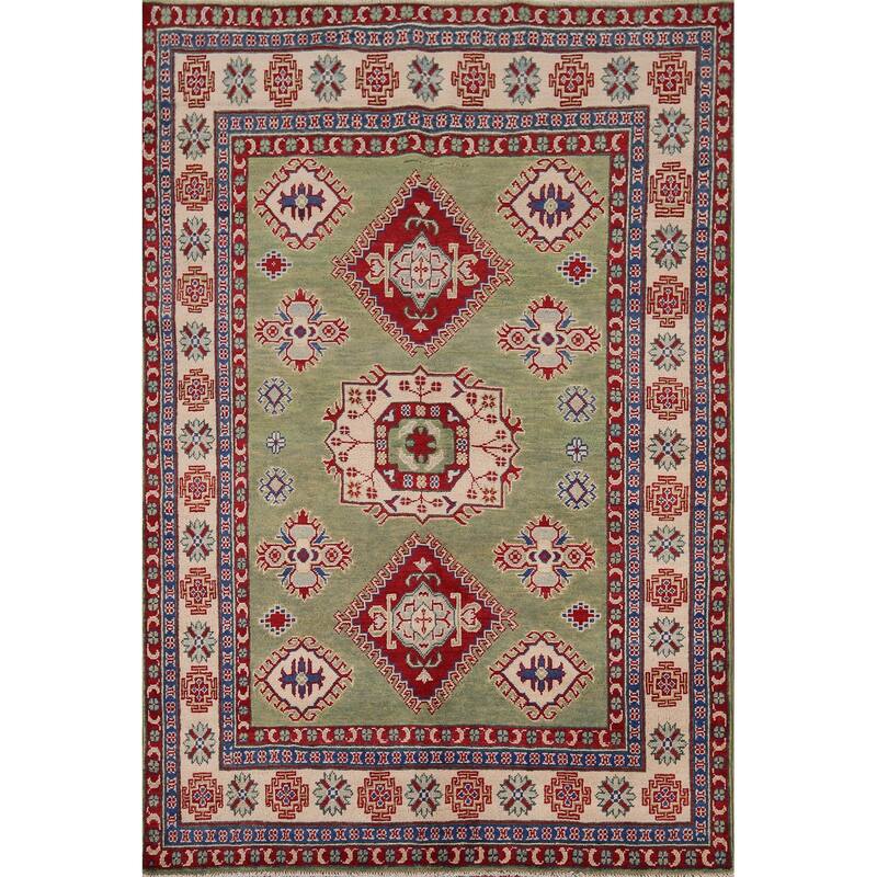Green Geometric Kazak Area Rug Hand-Knotted Wool Carpet - 4'10" x 6'8"