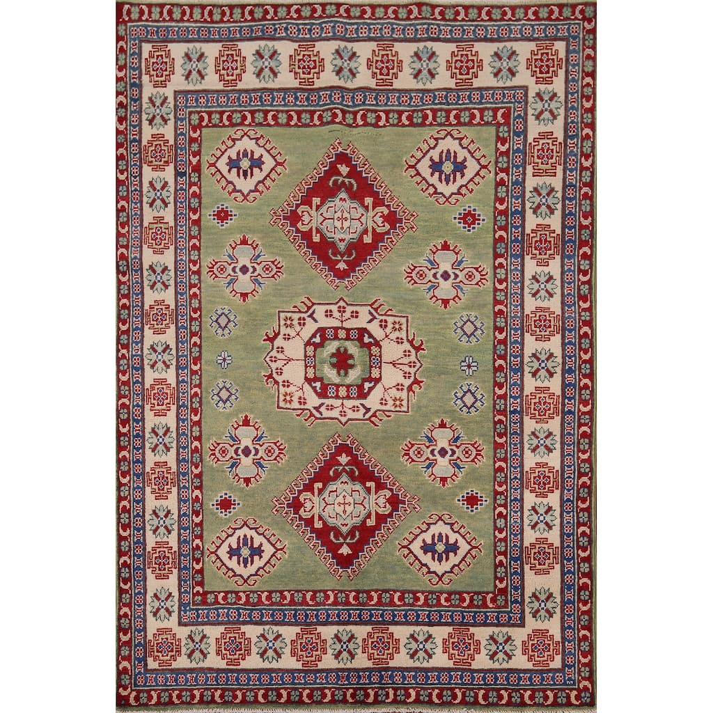 Green Geometric Kazak Area Rug Hand-Knotted Wool Carpet - 4'10" x 6'8"
