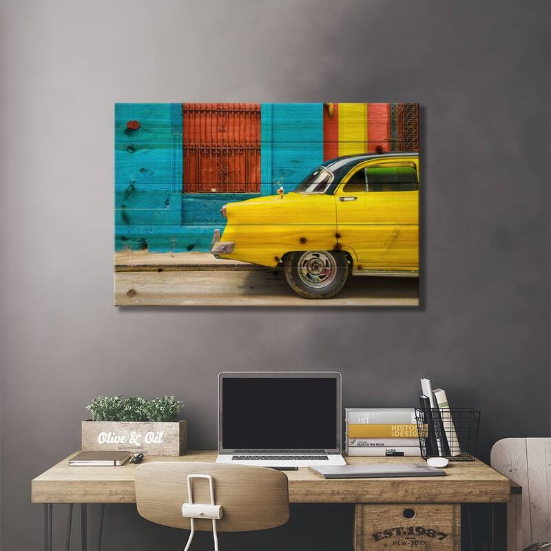 Close-up of Yellow Taxi of Havana II Print On Wood by Philippe Hugonnard - Multi-Color