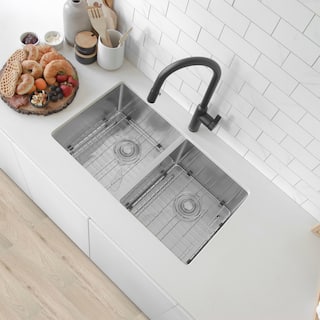 STYLISH Dual Mount 30" Double-Bowl Stainless Steel Kitchen Sink S-304TG - Brushed Stainless Steel - 30" x 18" x 10"