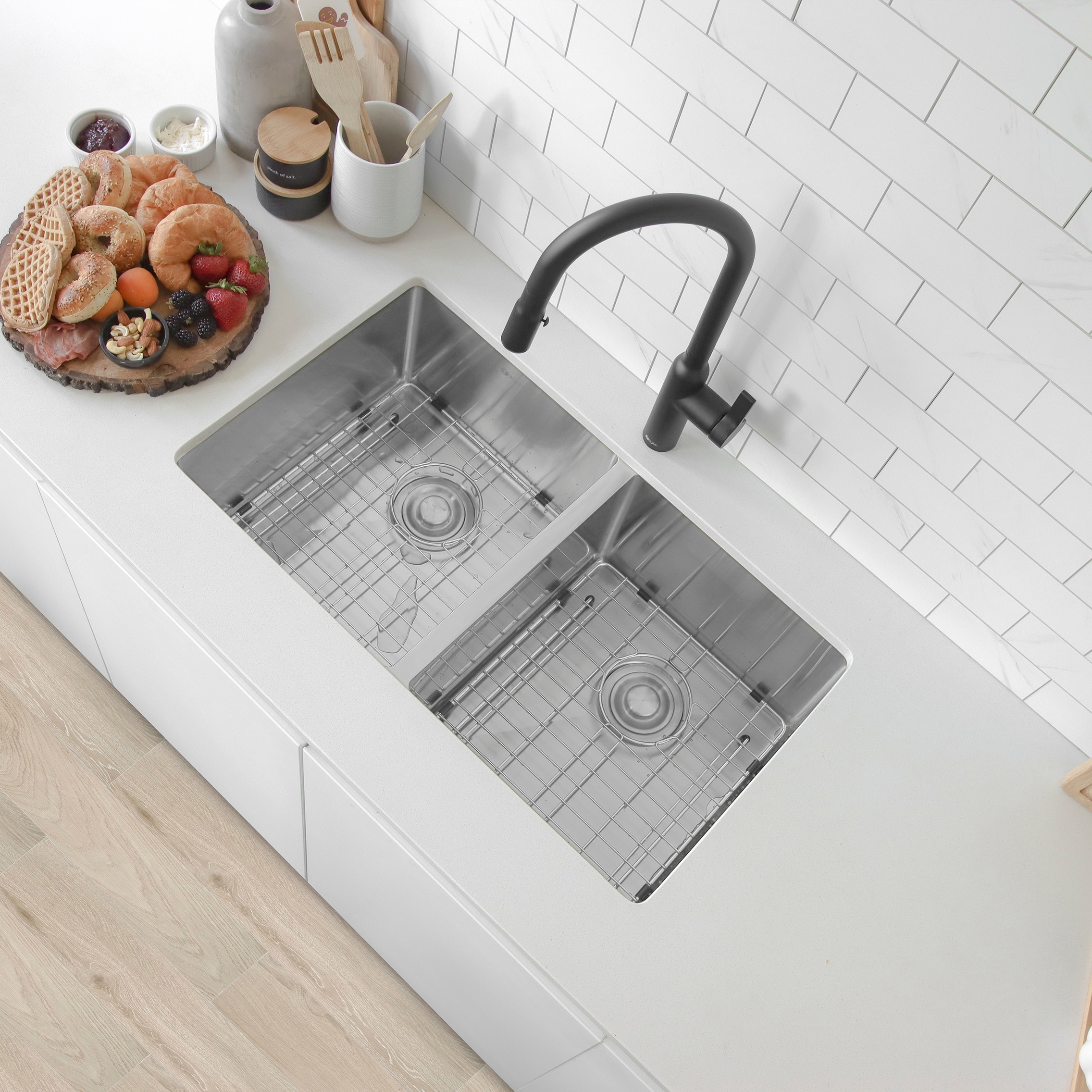 STYLISH Dual Mount 30" Double-Bowl Stainless Steel Kitchen Sink S-304TG - Brushed Stainless Steel - 30" x 18" x 10"