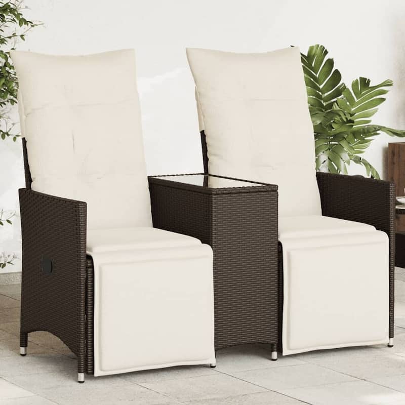 vidaXL Reclining Patio Sofa 2-Seater with Table Loveseat Furniture Poly Rattan - 23.2 x 51.2 x 36.2 - Brown With footrest/ Glass