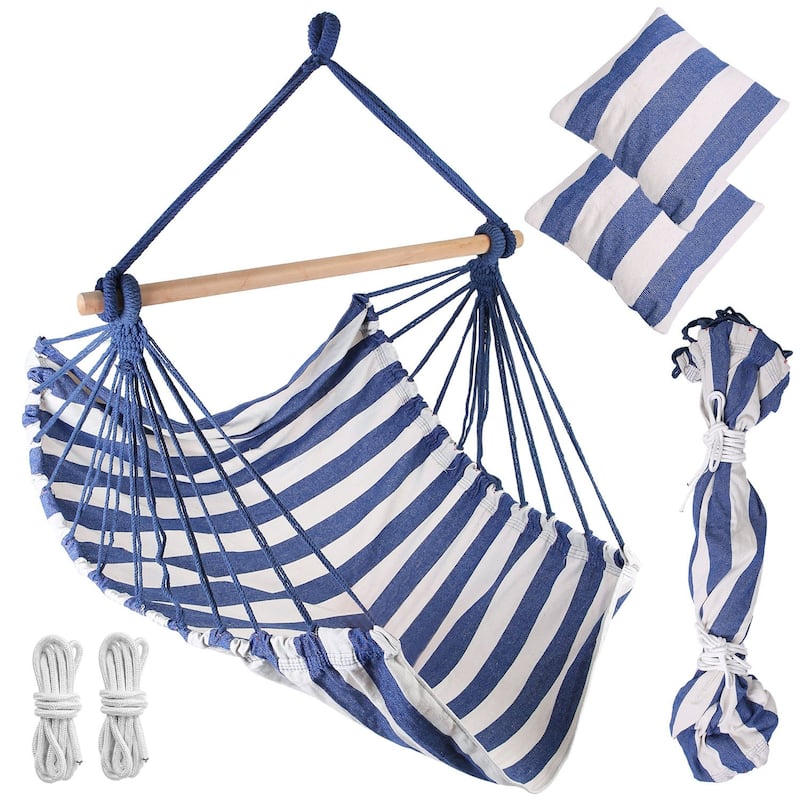 Cotton Canvas Swing Seat Hanging Hammock Chair with Pillows and Wooden Bar for Indoor or Outdoor - 39” x 51”