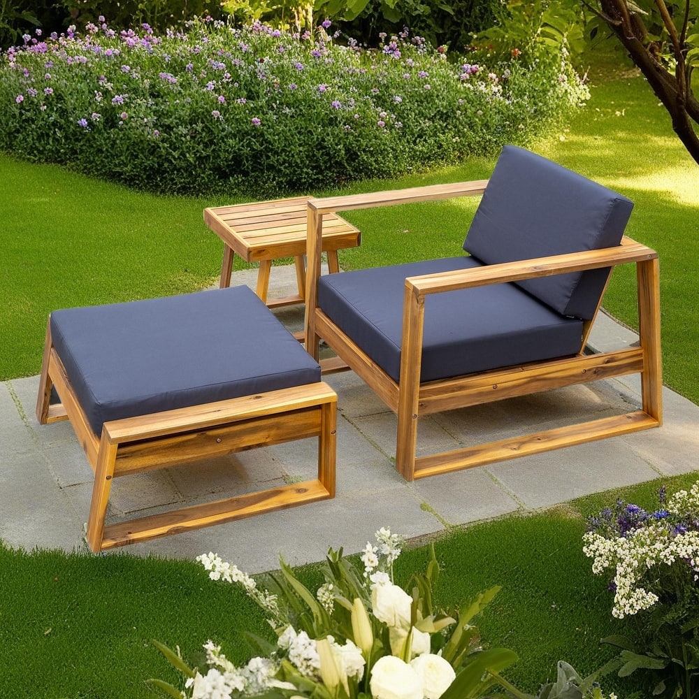 3-Piece Outdoor Acacia Wood Lounge Set with Chair, Ottoman, and Side Table