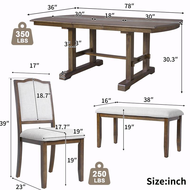 Rustic Dining Table Set - 6-Piece with Removable Leaf, 4 Chairs + 1Bench