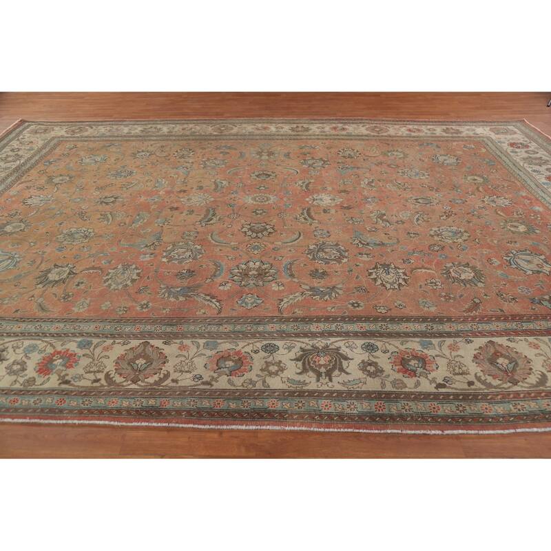 Hand Knotted Oriental 100% Wool Carpet Traditional All-Over Oranges & Rust Tabriz Area Rug - 13' 10'' X 10' 7''