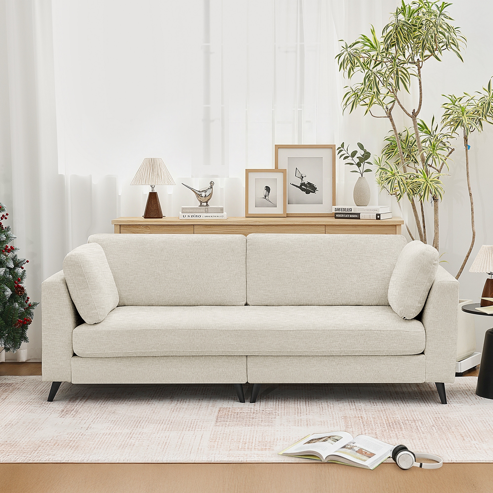 Modern Chenille 2 Seater Sofa Chouch with Bolster Pillows