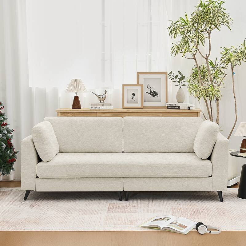 Modern Chenille 2 Seater Sofa Chouch with Bolster Pillows - Khaki