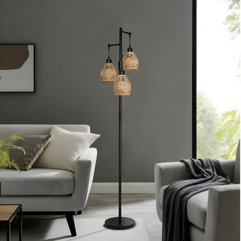 3-Light Woven Rattan Globe Tree Tall Floor Lamp