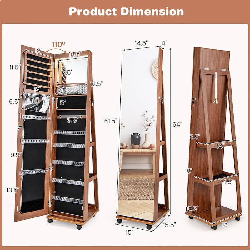 Gymax 64'' Jewelry Organizer Lockable Jewelry Cabinet Armoire w/