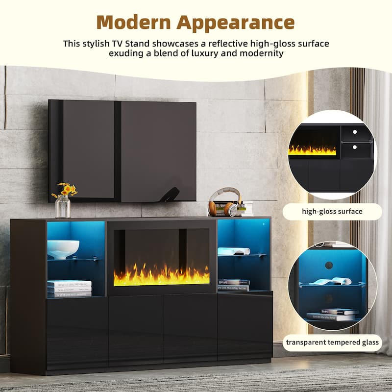 Modern LED TV Stand, for TVs up to 75 Inches with Electric Fireplace and Tempered Glass Shelf, for Living Rooms, Black
