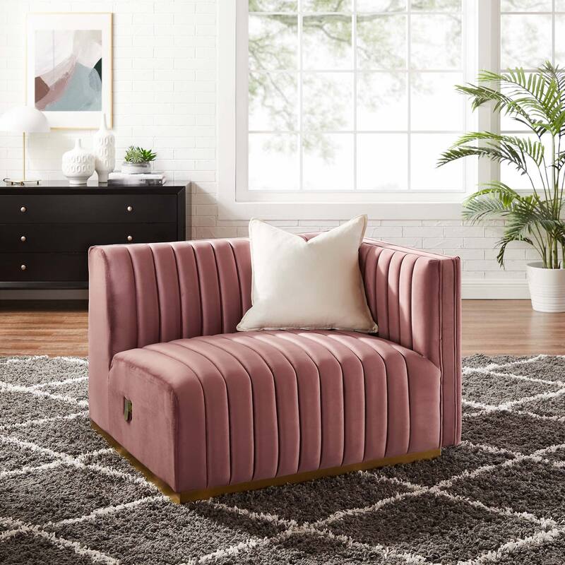 Conjure Channel Tufted Performance Velvet Right-Arm Chair - Gold Dusty Rose