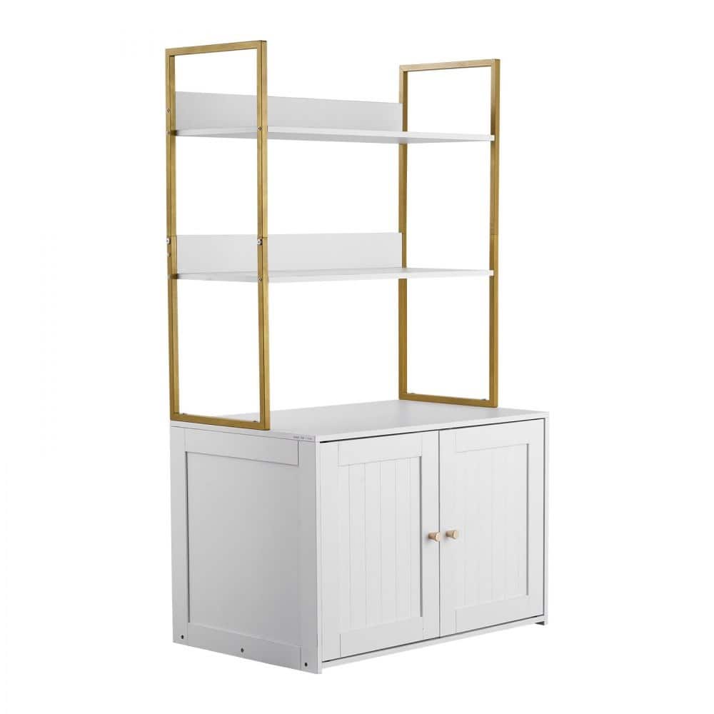 Modern White Cat Litter Box Enclosure with Gold Handles and Dual Door Hidden Cat Cabinet Table - 27.56 x 17.72 x 49.02 in